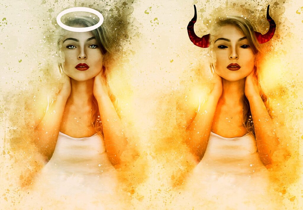 angel, devil, angel and devil, angel devil, good, satan, saint, demon, horns, halo, design, fantasy design, temptation, woman, female, beauty, model, young, dark, surreal, ethereal, devil, devil, devil, devil, devil, angel devil, satan, satan, demon, halo, halo, temptation