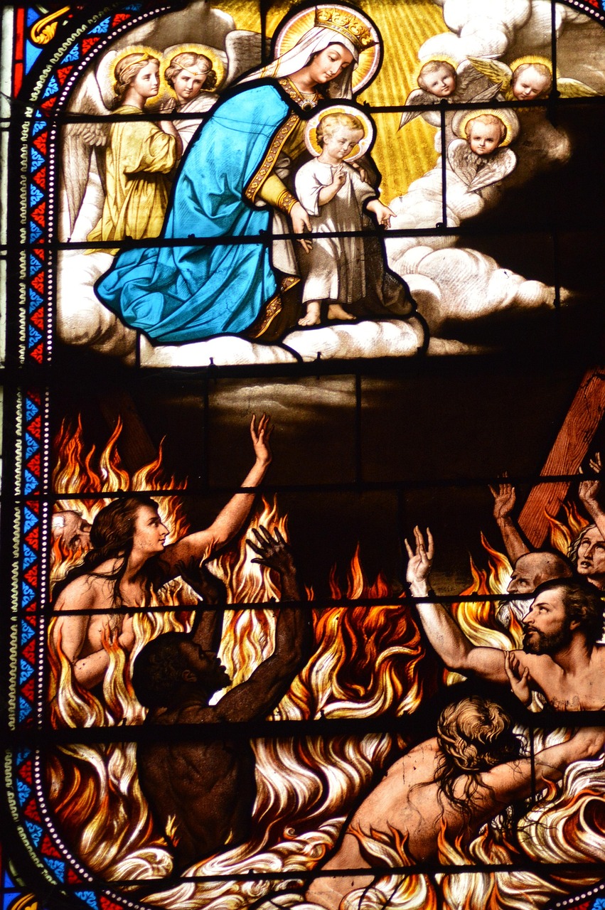 stained glass, window, church, souls, purgatory, jesus, mary, flames, hell, heaven, pain, angels, faith, religion, spirituality, christianity, purgatory, purgatory, purgatory, purgatory, purgatory, jesus, jesus
